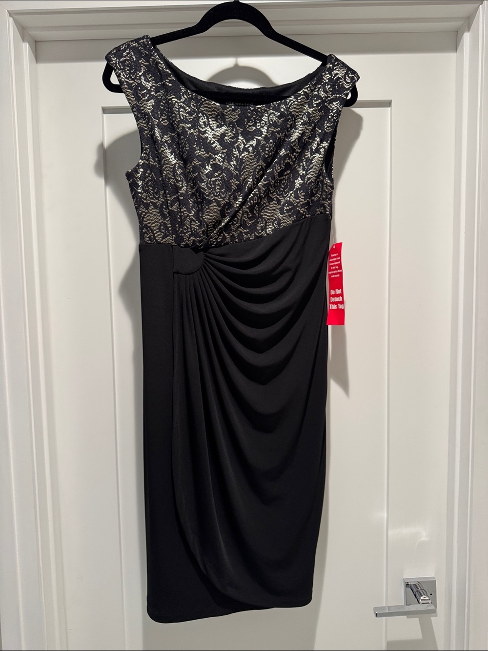 connected apparel Black Midi Dress with Gold Lace Bodice STRETCHY